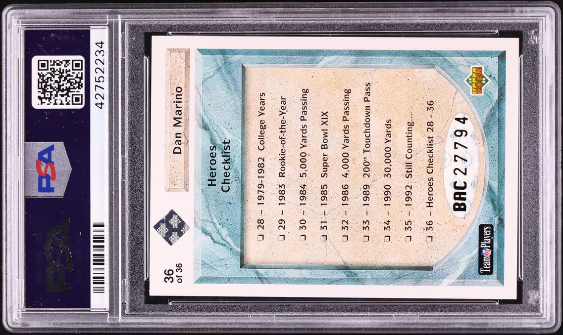 1992 Upper Deck Heroes Dan Marino AUTO DNA 10 /2800 #36 PSA 4 VGEX