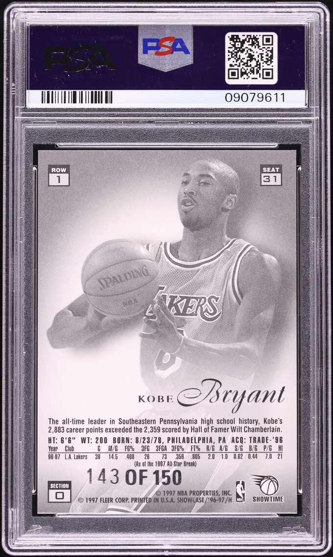 1996 Flair Showcase Legacy Collection Row 1 Kobe Bryant ROOKIE /150 #31 PSA 9 MINT