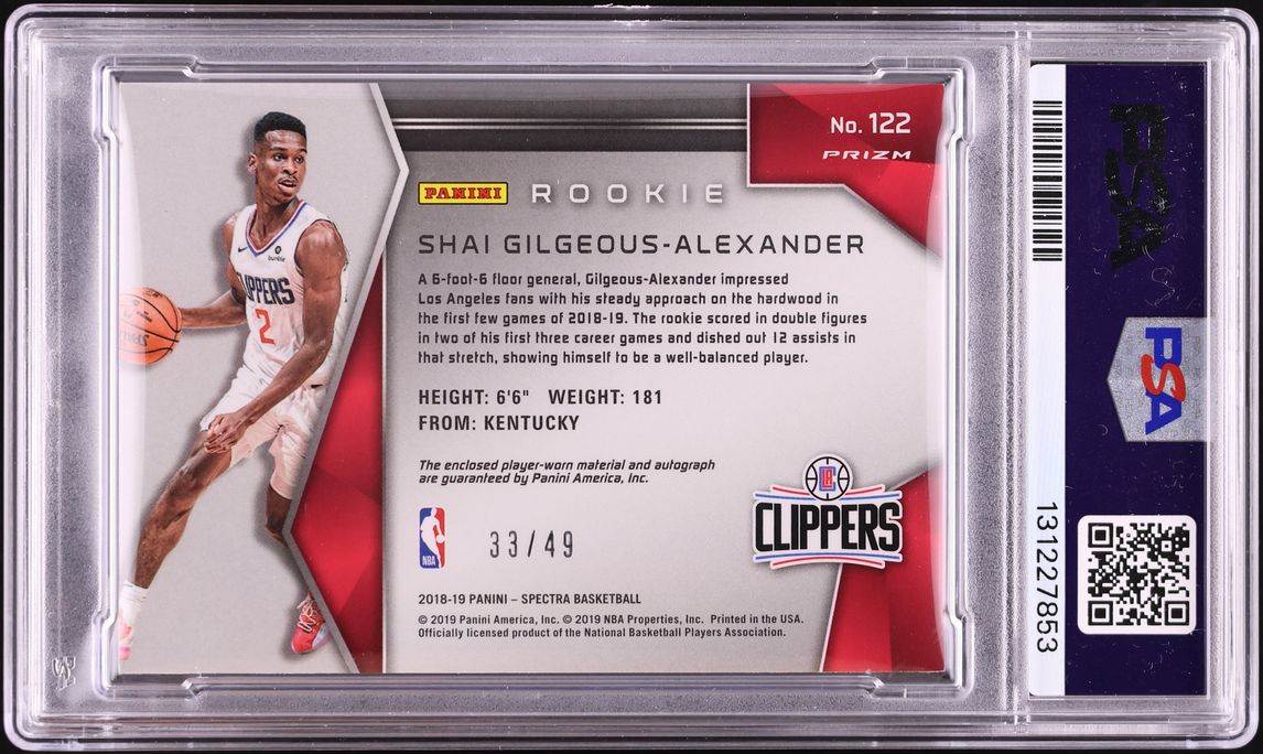 2018 Panini Spectra Neon Green Shai Gilgeous-Alexander ROOKIE PATCH AUTO /49 #122 PSA 9 MINT