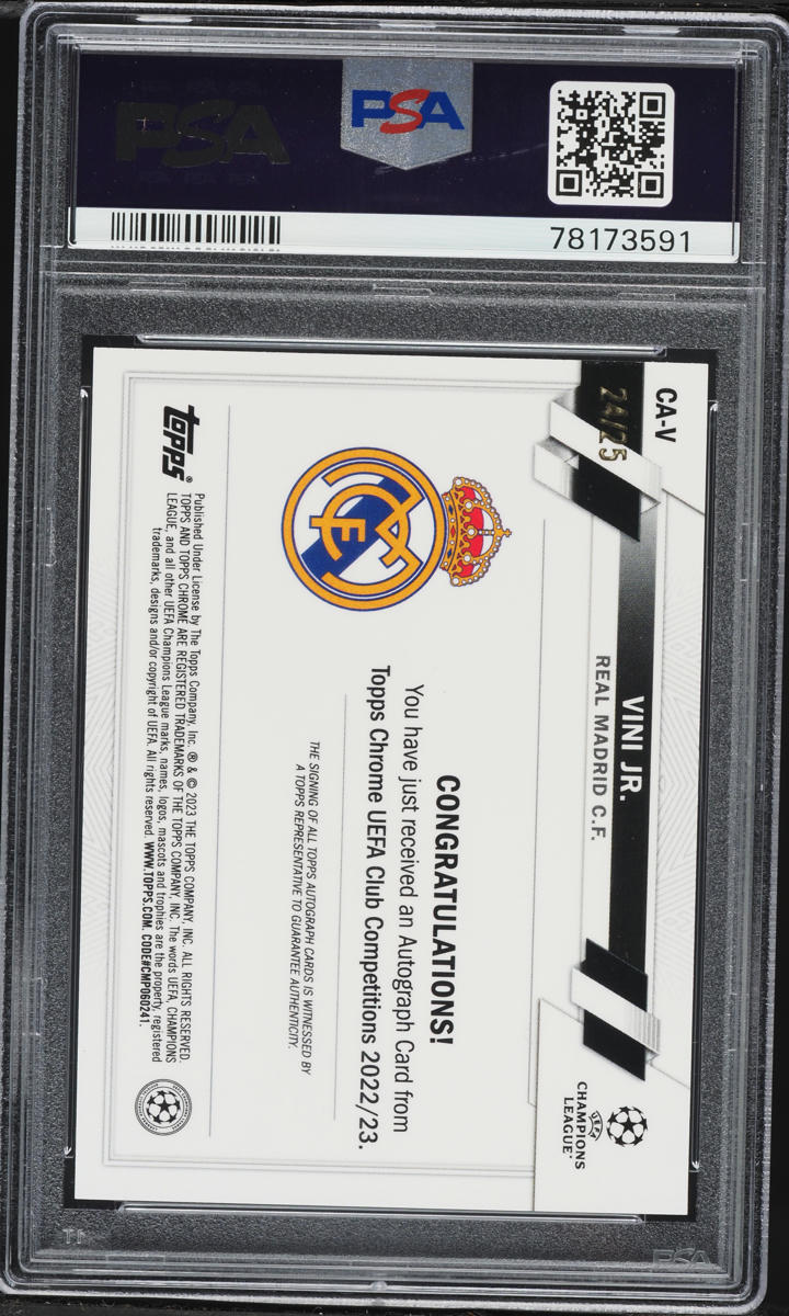 2022 Topps Chrome UEFA Club Competitions Orange Refractor Vini Jr. AUTO /25 #V PSA 10 GEM MINT