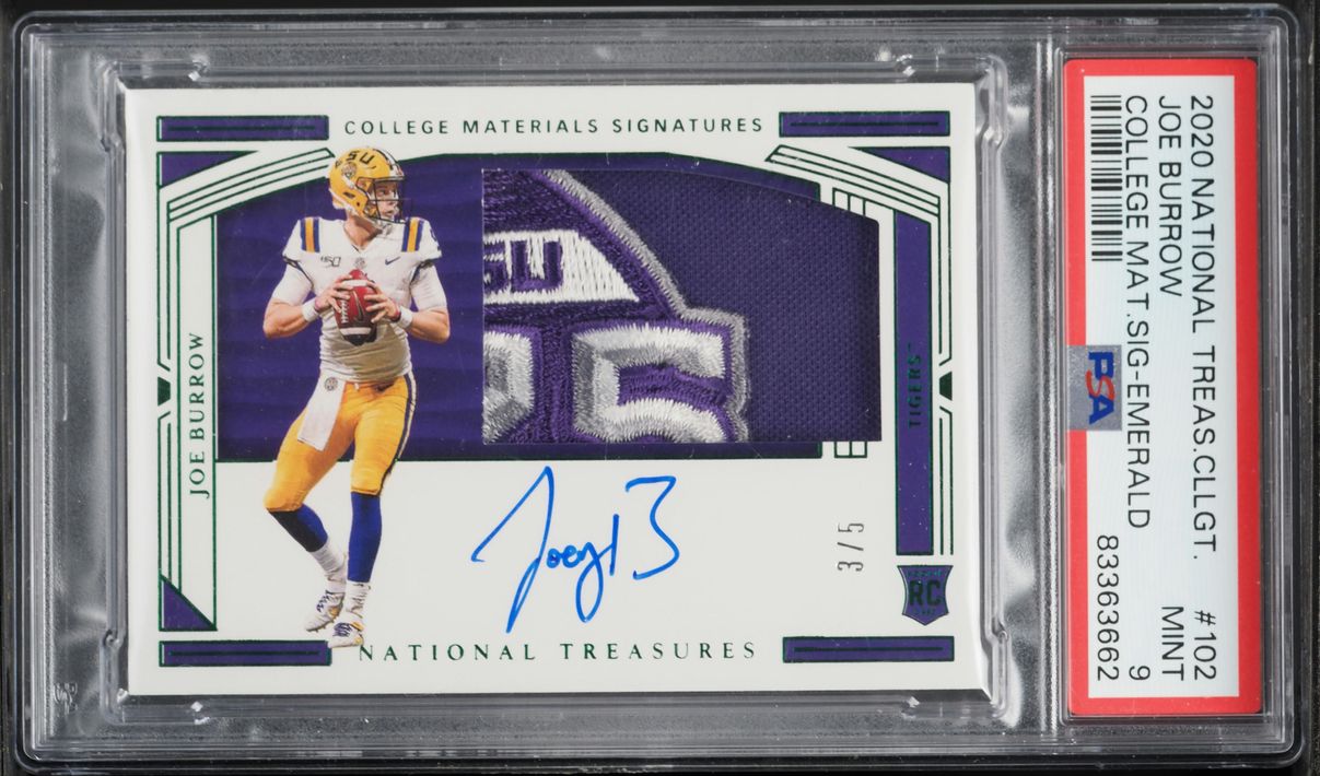 2020 National Treasures Collegiate Emerald Joe Burrow ROOKIE PATCH AUTO /5 #102 PSA 9 MINT