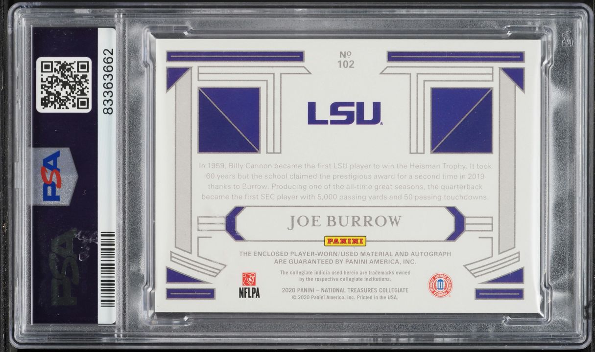 2020 National Treasures Collegiate Emerald Joe Burrow ROOKIE PATCH AUTO /5 #102 PSA 9 MINT