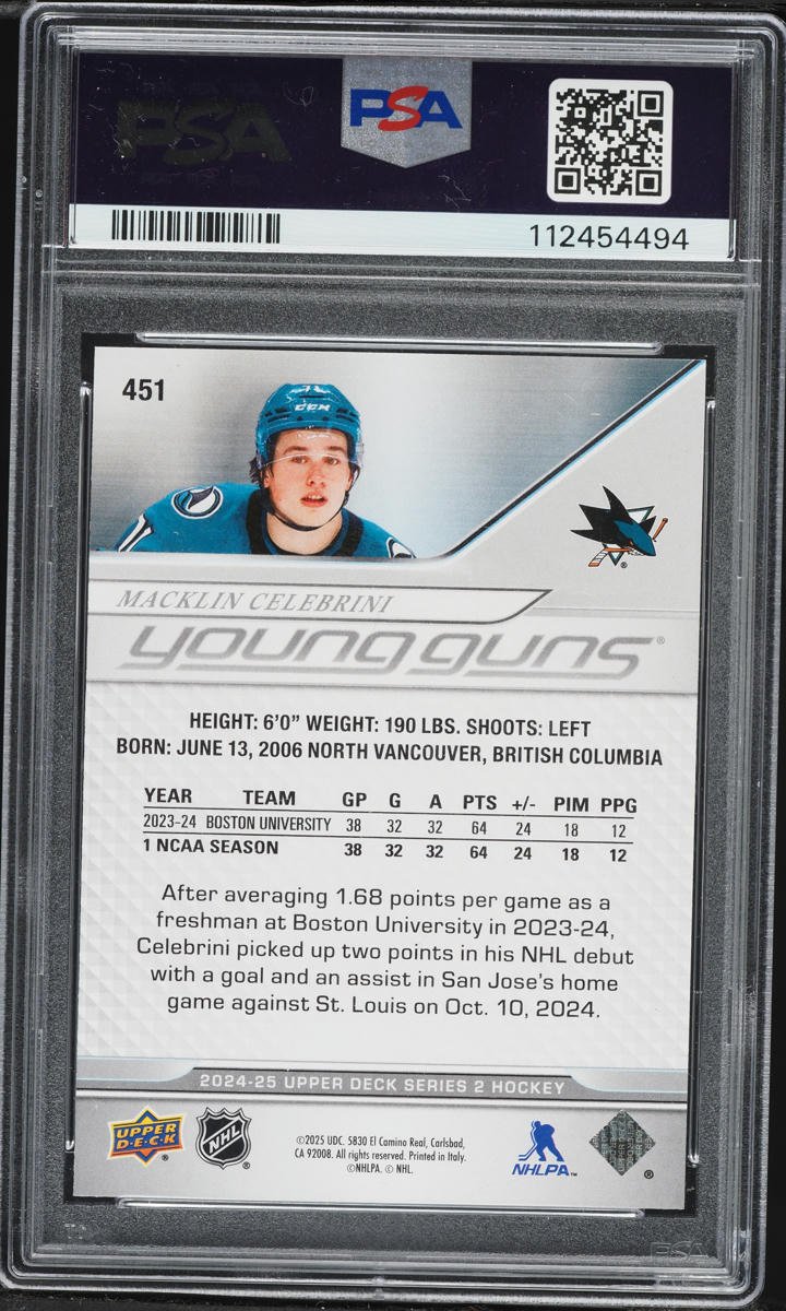 2024 Upper Deck Young Guns Macklin Celebrini ROOKIE #451 PSA 10 GEM MINT