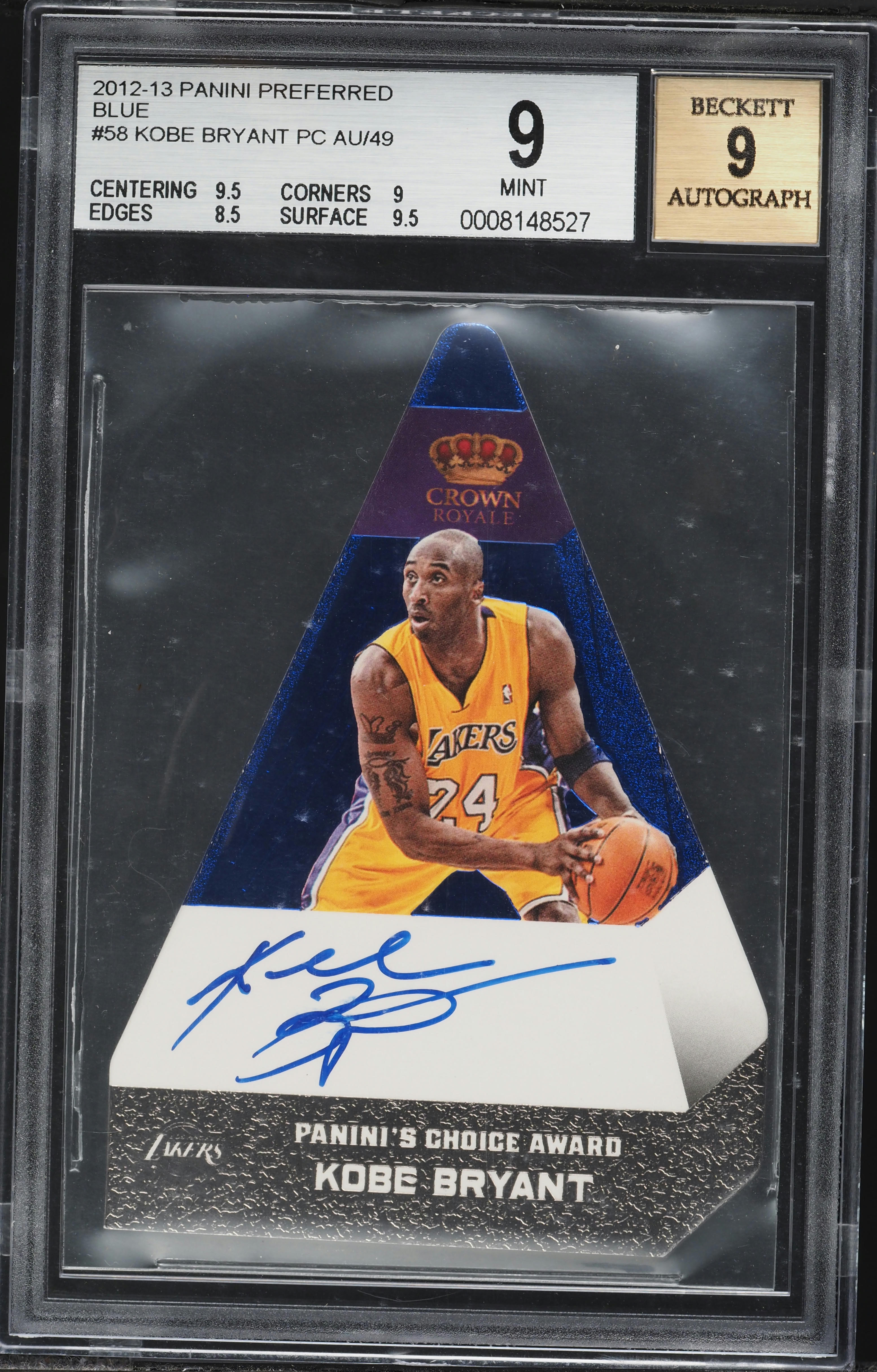 2012 Panini Preferred Blue Kobe Bryant AUTO /49 #58 BGS 9 MINT on