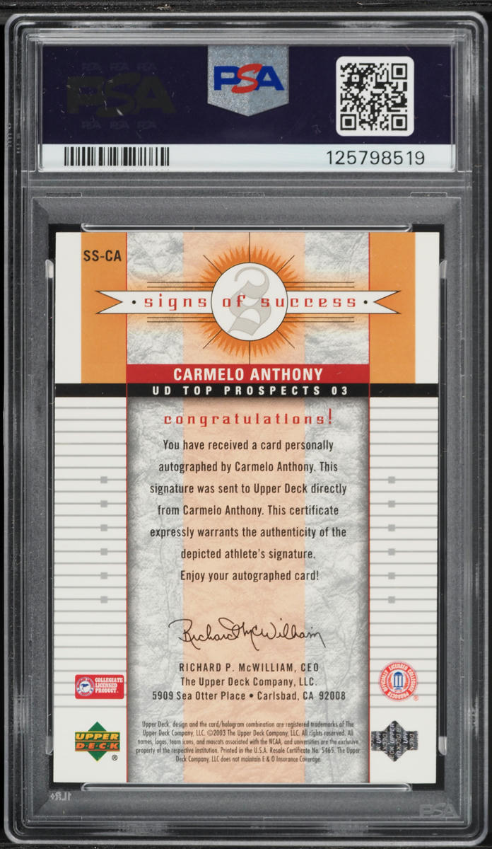 2003 Upper Deck Top Prospects Signs Of Success Carmelo Anthony ROOKIE AUTO #SS-CA PSA 9 MINT
