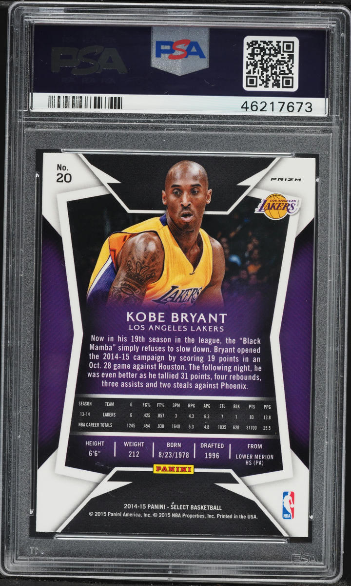 2014 Select Blue Silver Prizm Kobe Bryant #20 PSA 10 GEM MINT on
