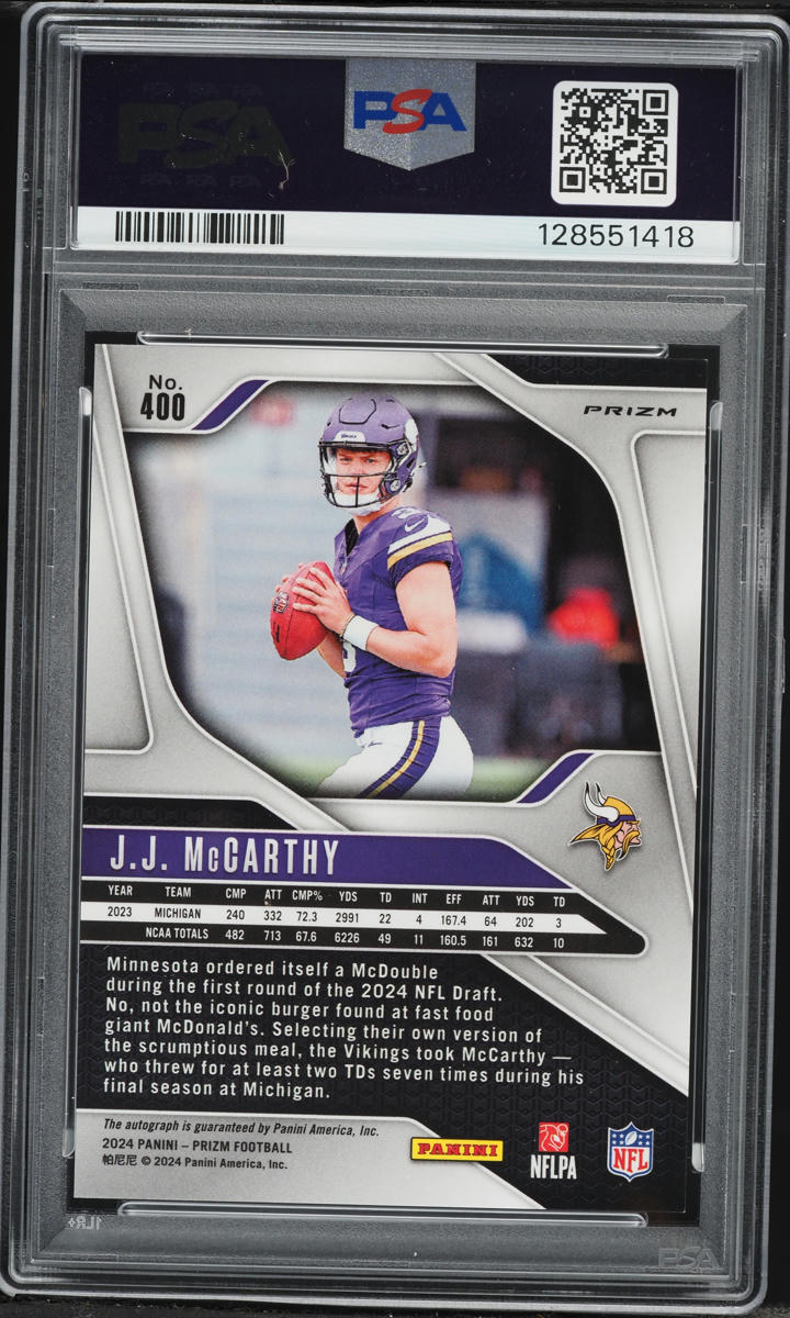 2024 Panini Prizm Pink J.J. McCarthy ROOKIE AUTO #400 PSA 9 MINT
