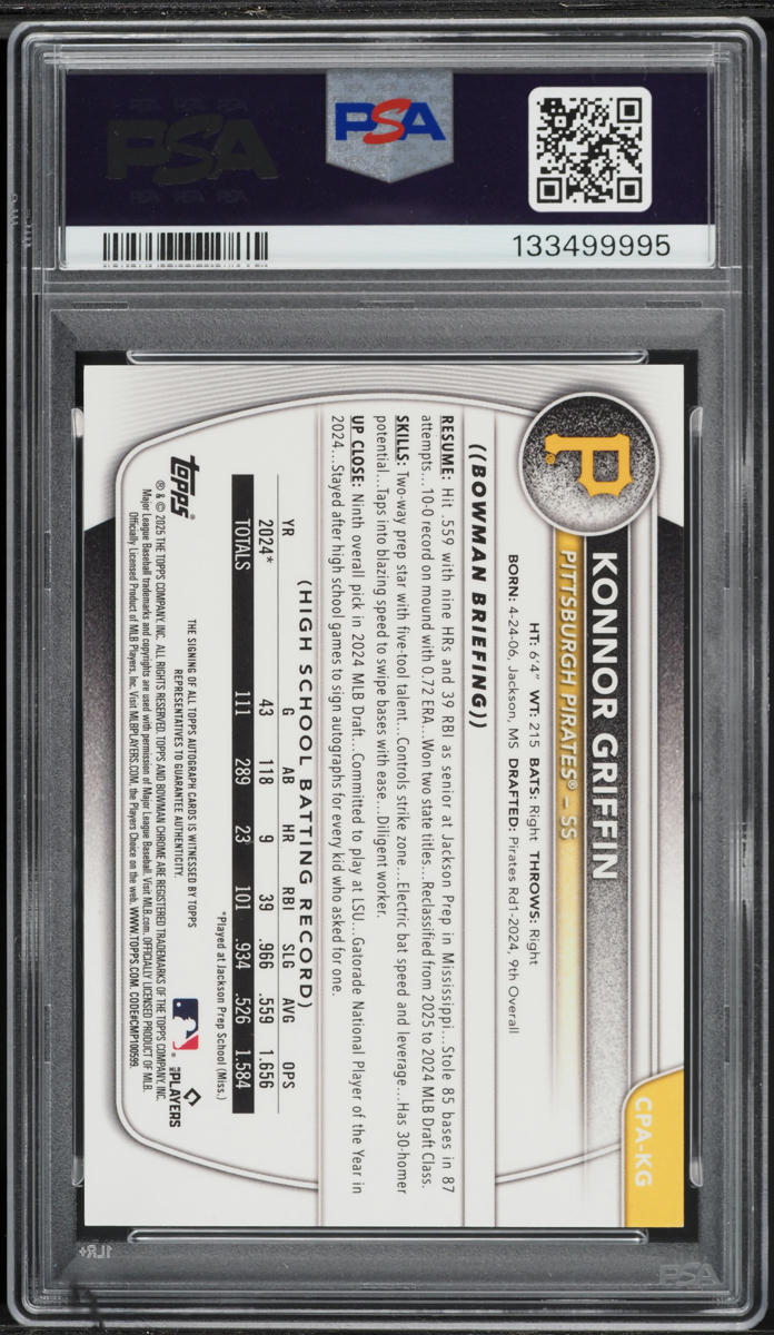 2025 Bowman Chrome Gold Shimmer Konnor Griffin PROSPECT AUTO /50 #CPAKG PSA 9 MINT