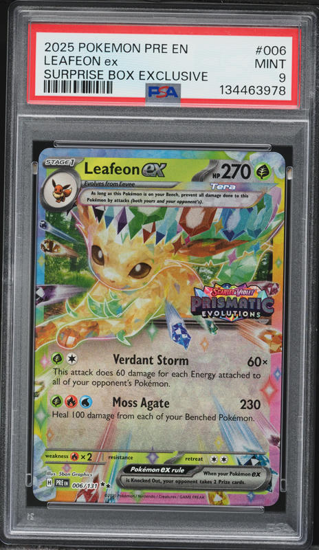 2025 Pokemon Scarlet & Violet Prismatic Evolutions Surprise Box Holo Leafeon EX #6 PSA 9 MINT