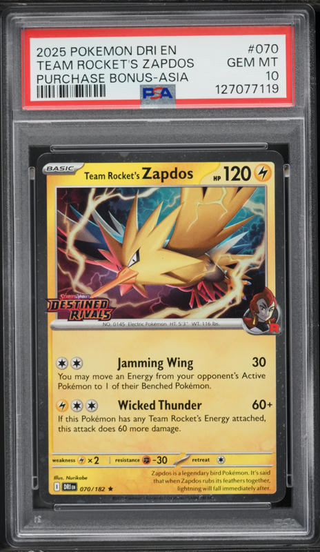 2025 Pokemon SV Destined Rivals #070/182 Team Rocket's Zapdos Cosmos Holo PSA 9
