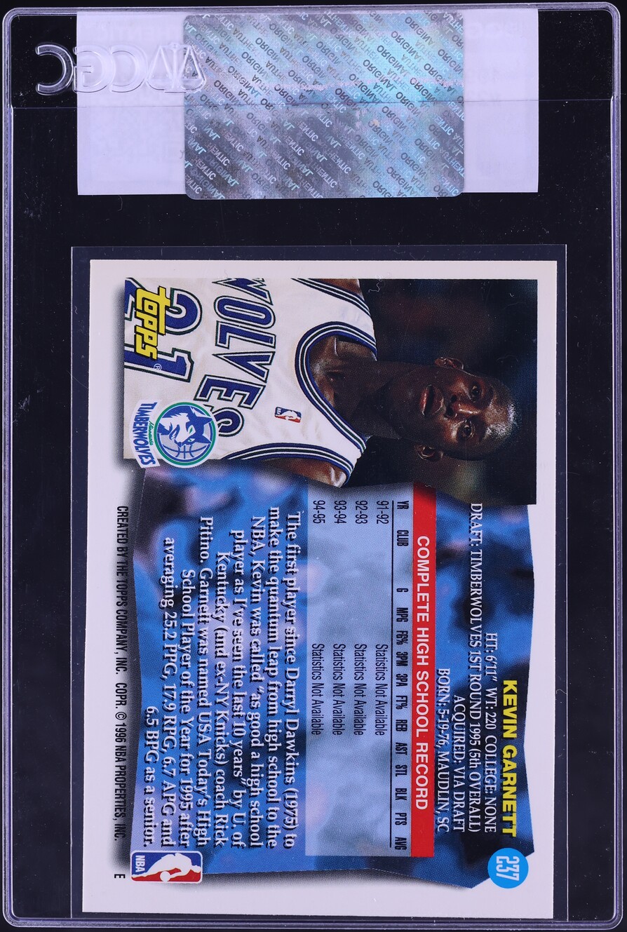1995 Topps Basketball Kevin Garnett ROOKIE #237 CGC AUTH