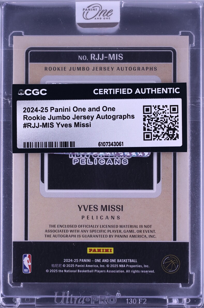 2024 Panini One And One Jumbo Jersey Yves Missi ROOKIE PATCH AUTO /99 #RJJ-MIS CGC AUTH
