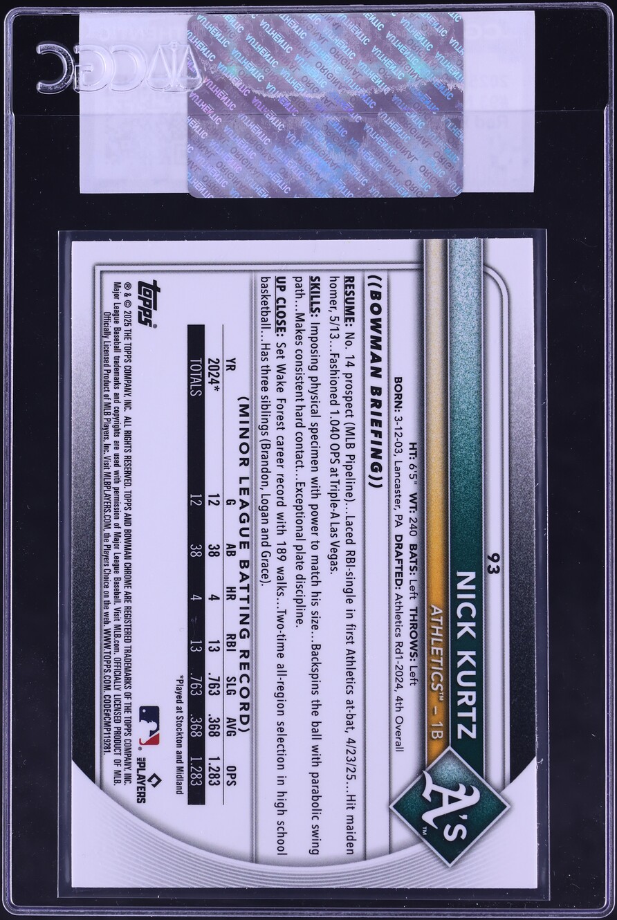 2025 Bowman Chrome Red Redemption Nick Kurtz ROOKIE #93 CGC AUTH