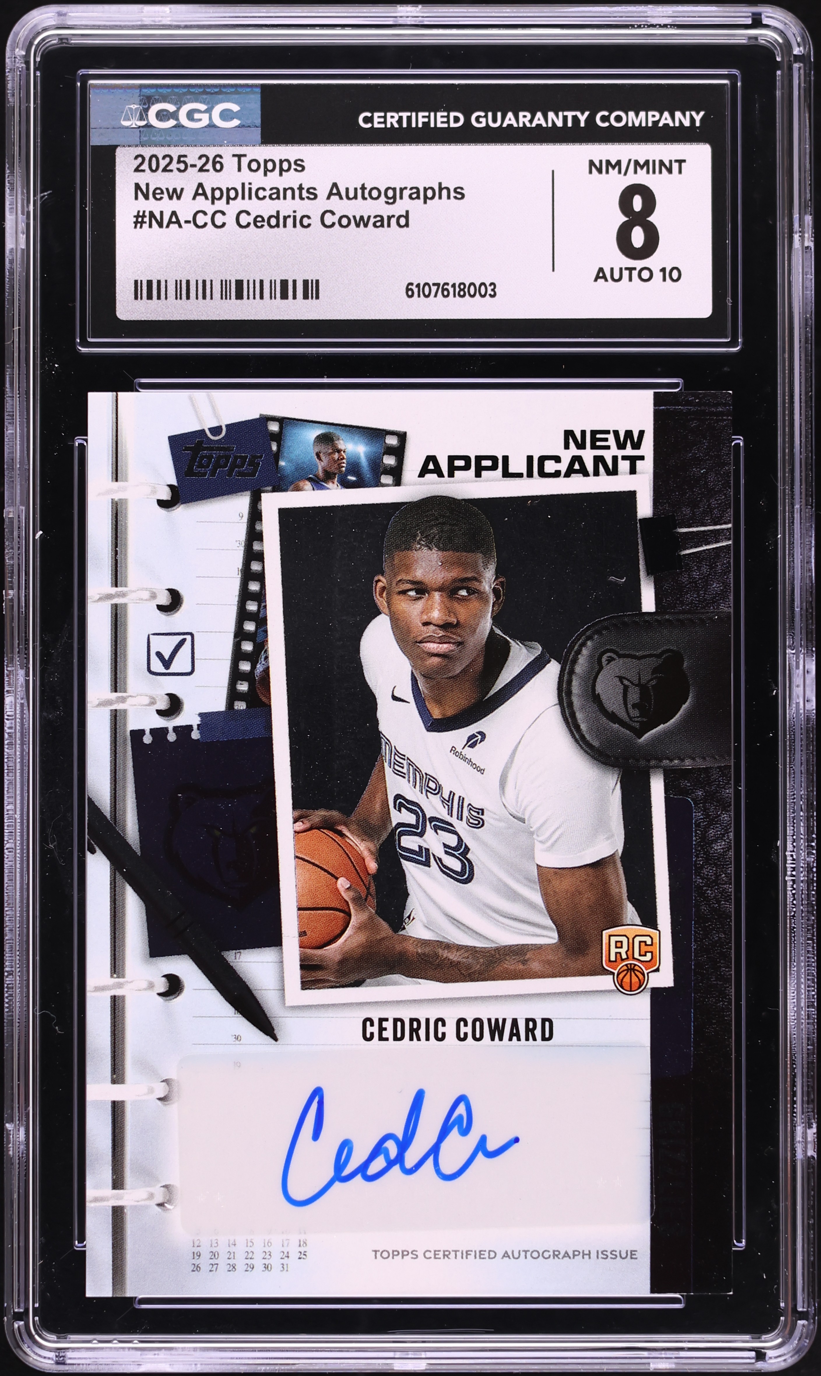 2025 Topps New Applicants Cedric Coward ROOKIE AUTO #NA-CC CGC 8 