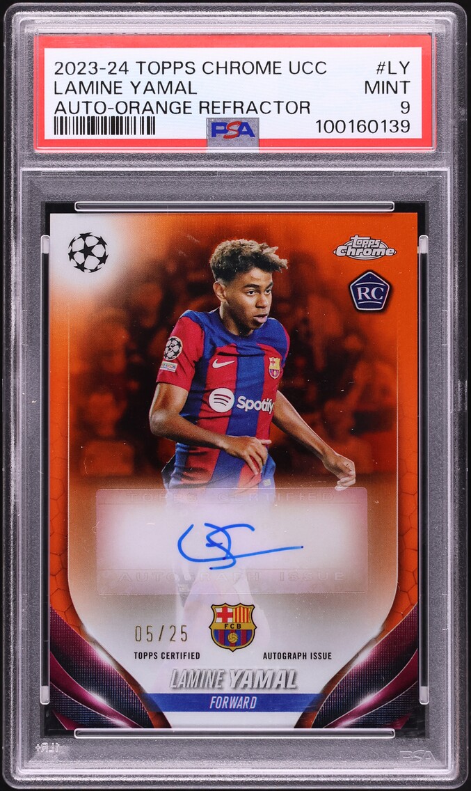 2023 Topps Chrome UEFA CC Orange Refractor Lamine Yamal ROOKIE AUTO /25 #CA-LY PSA 9 MINT
