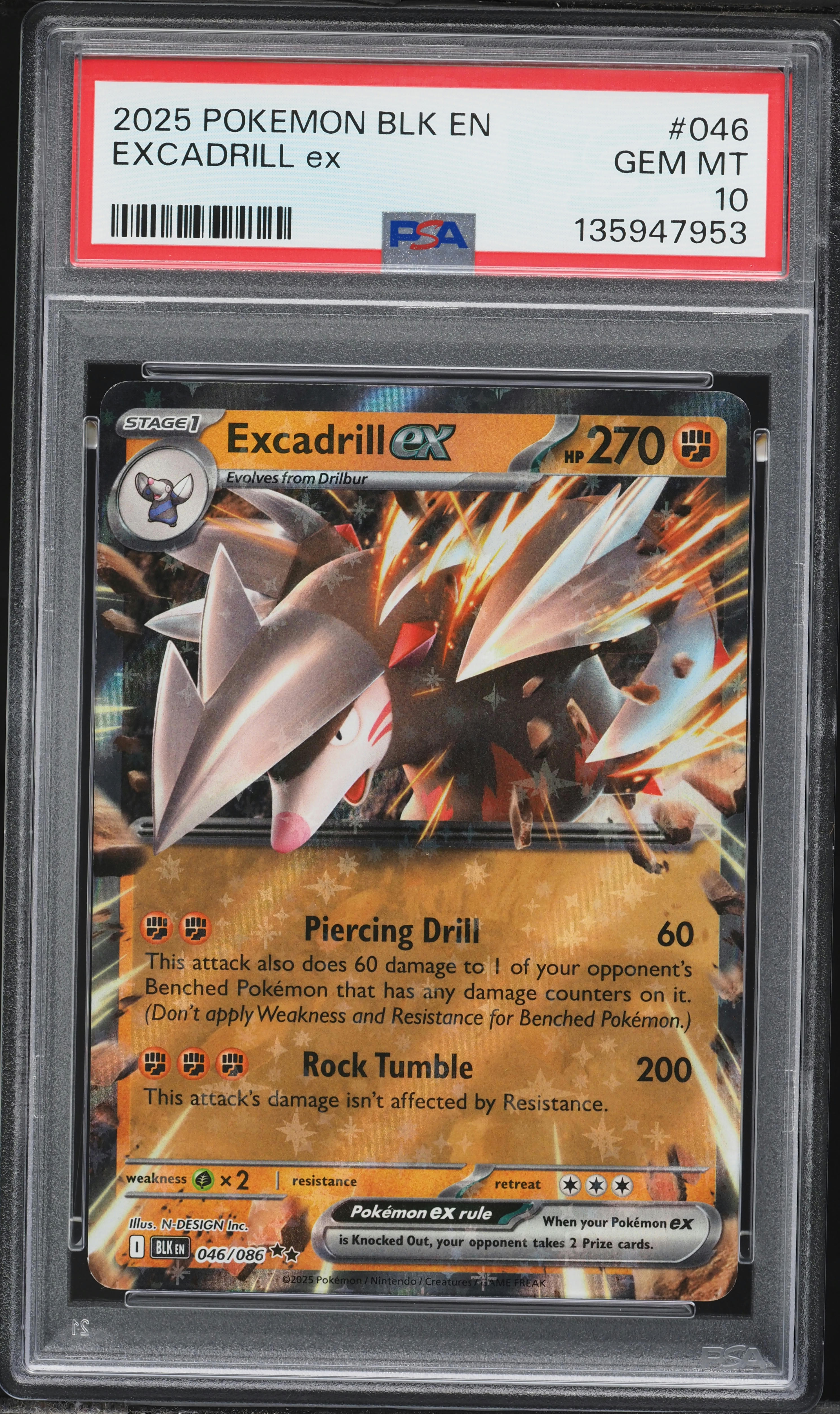 2025 Pokemon Black Bolt Excadrill Ex #046 PSA 10 GEM MINT on