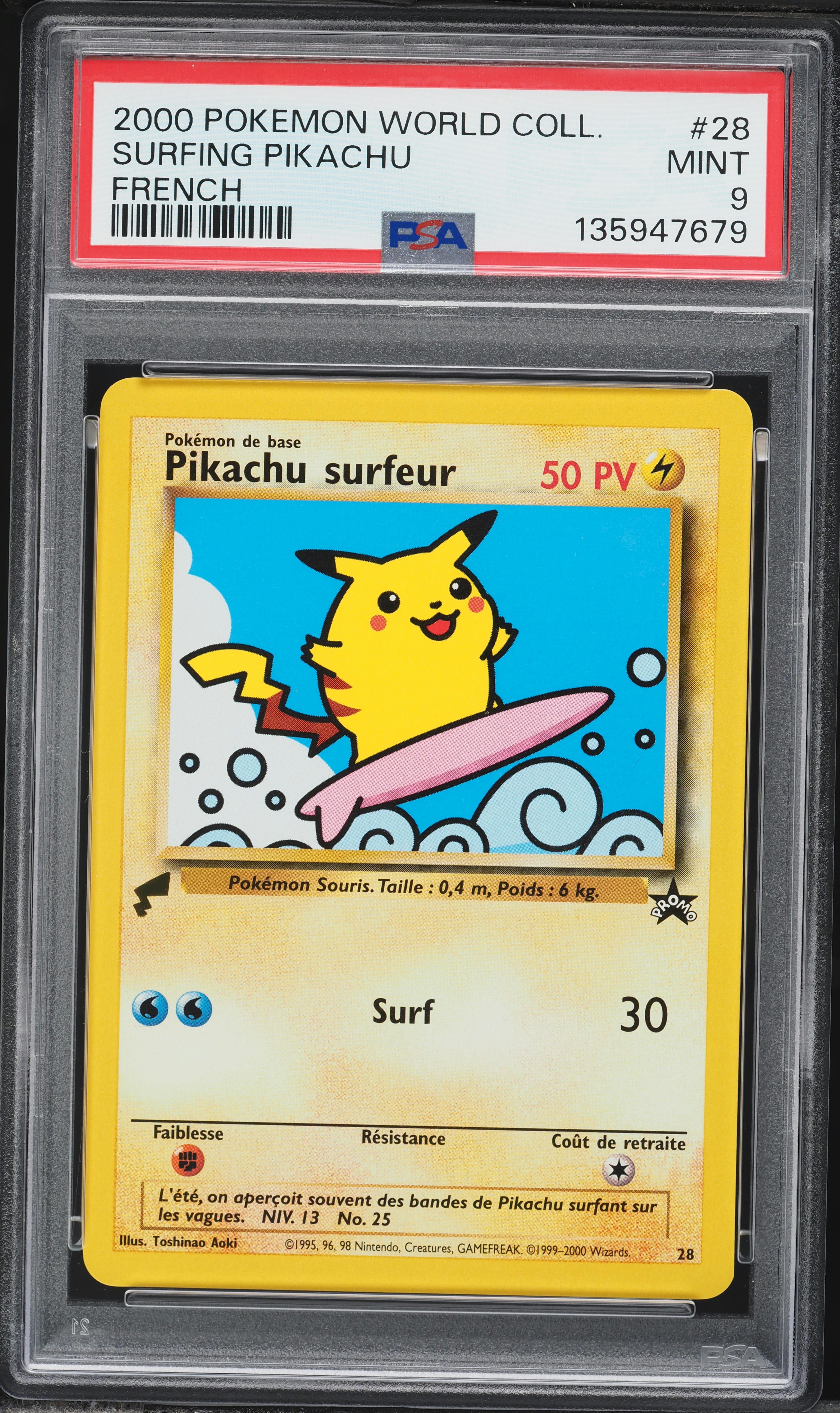 2000 Pokemon French World Collection Surfing Pikachu #28 PSA 9