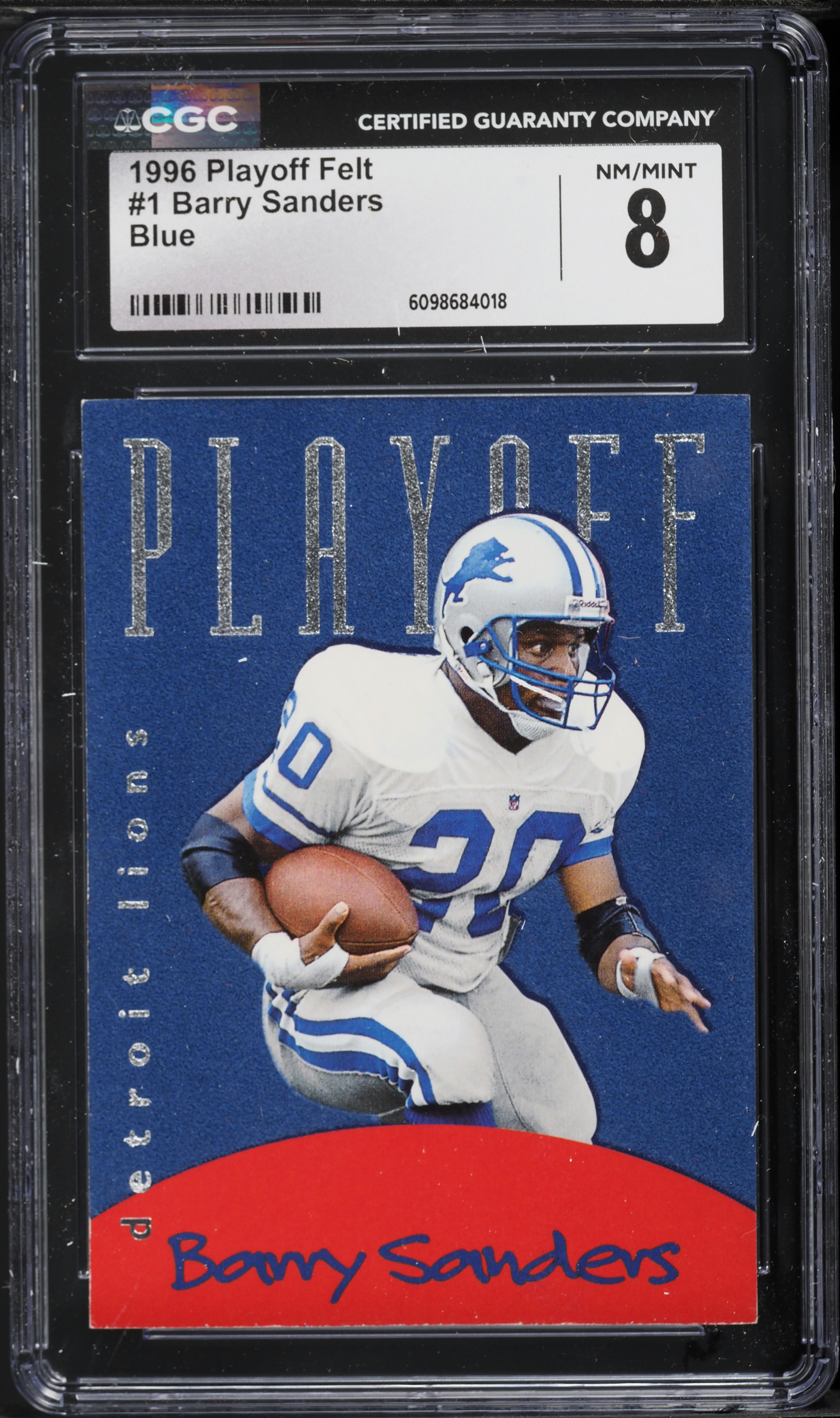 1996 Playoff Felt Blue Barry Sanders #1 CGC 8 NM-MT on Fanatics