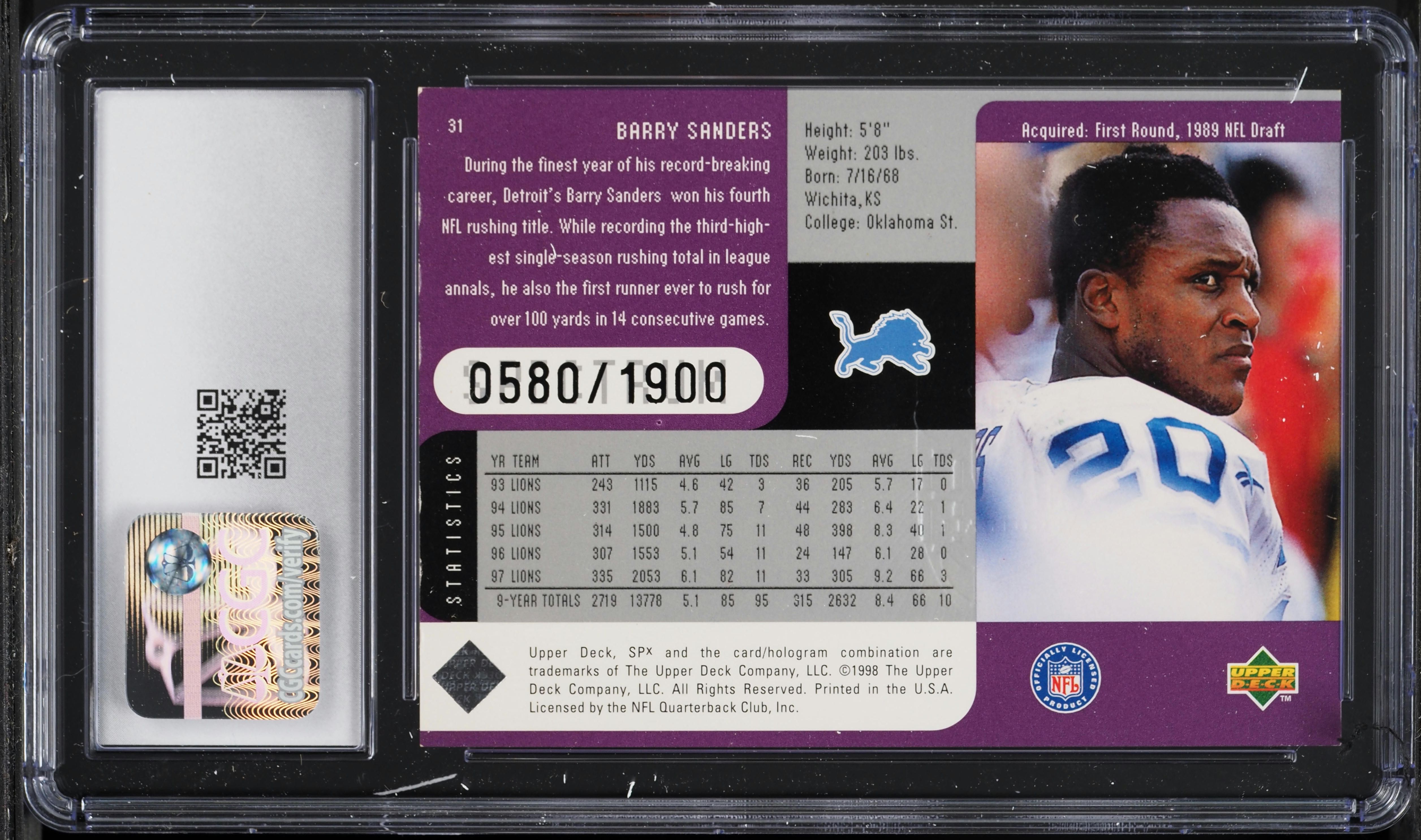 1998 Spx Finite Spectrum Barry Sanders /1900 #31 CGC 7.5 NRMT+ on