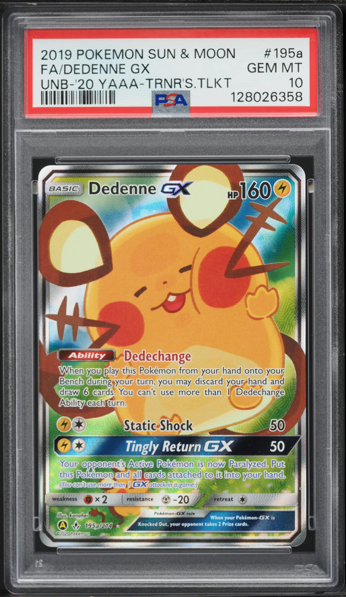 2020 Pokemon SM Unbroken Bonds Trainer's Toolkit Full Art Dedenne GX #195a PSA 10 GEM MINT