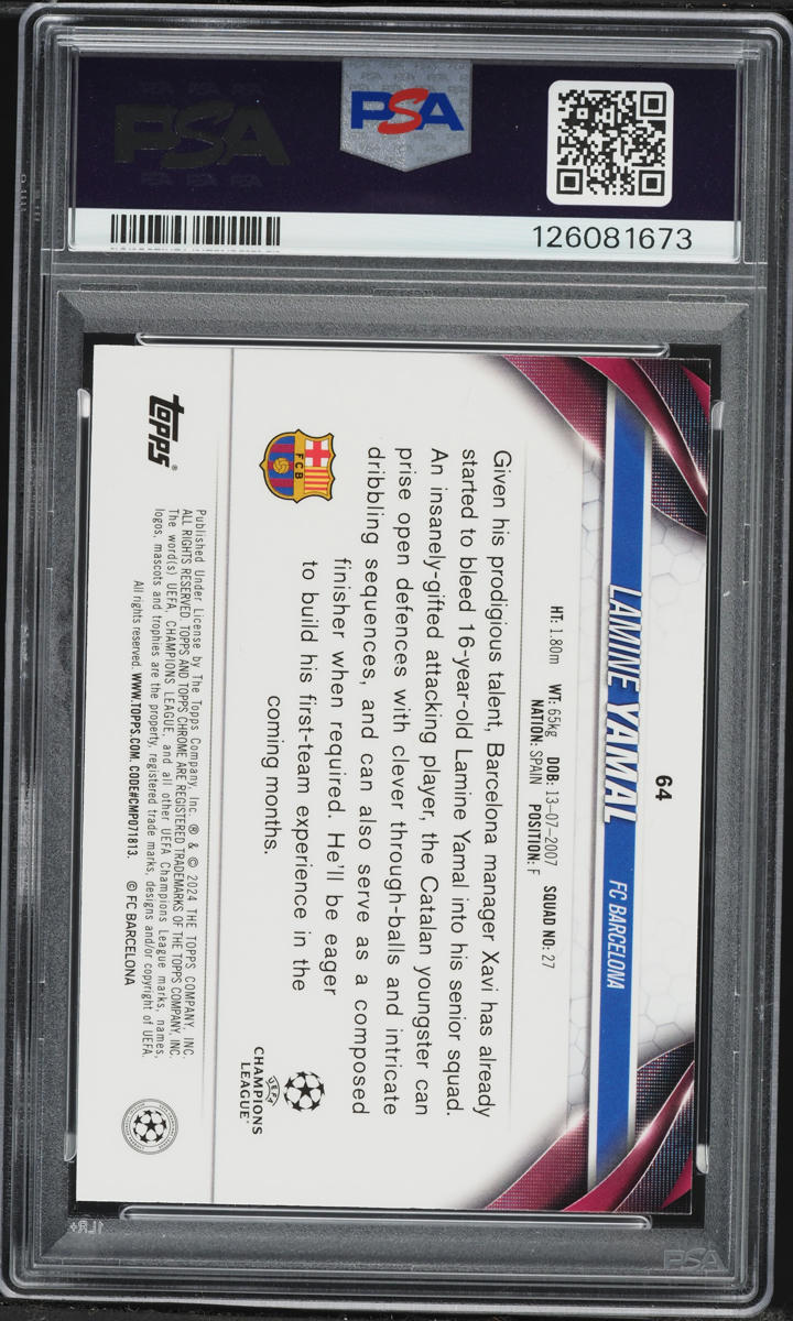 2023 Topps Chrome UEFA Club Competitions Lamine Yamal ROOKIE #64 PSA 10 GEM MINT