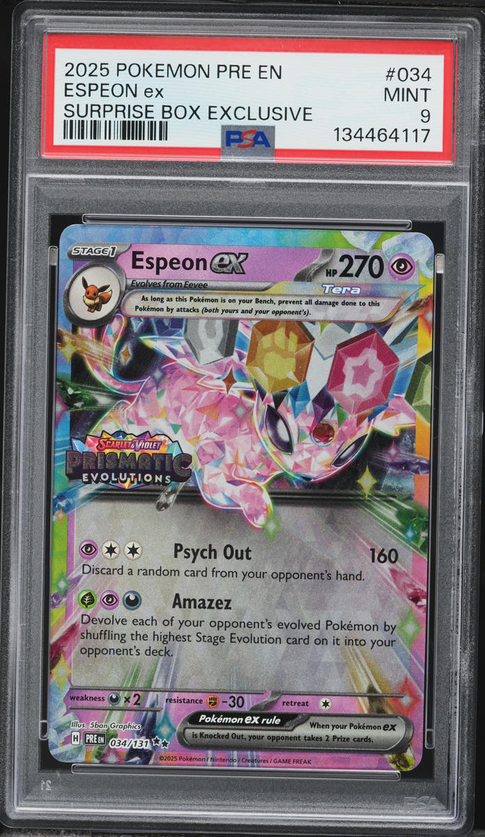 2025 Pokemon Scarlet & Violet Prismatic Evolutions Surprise Box Holo Espeon ex #34 PSA 9 MINT