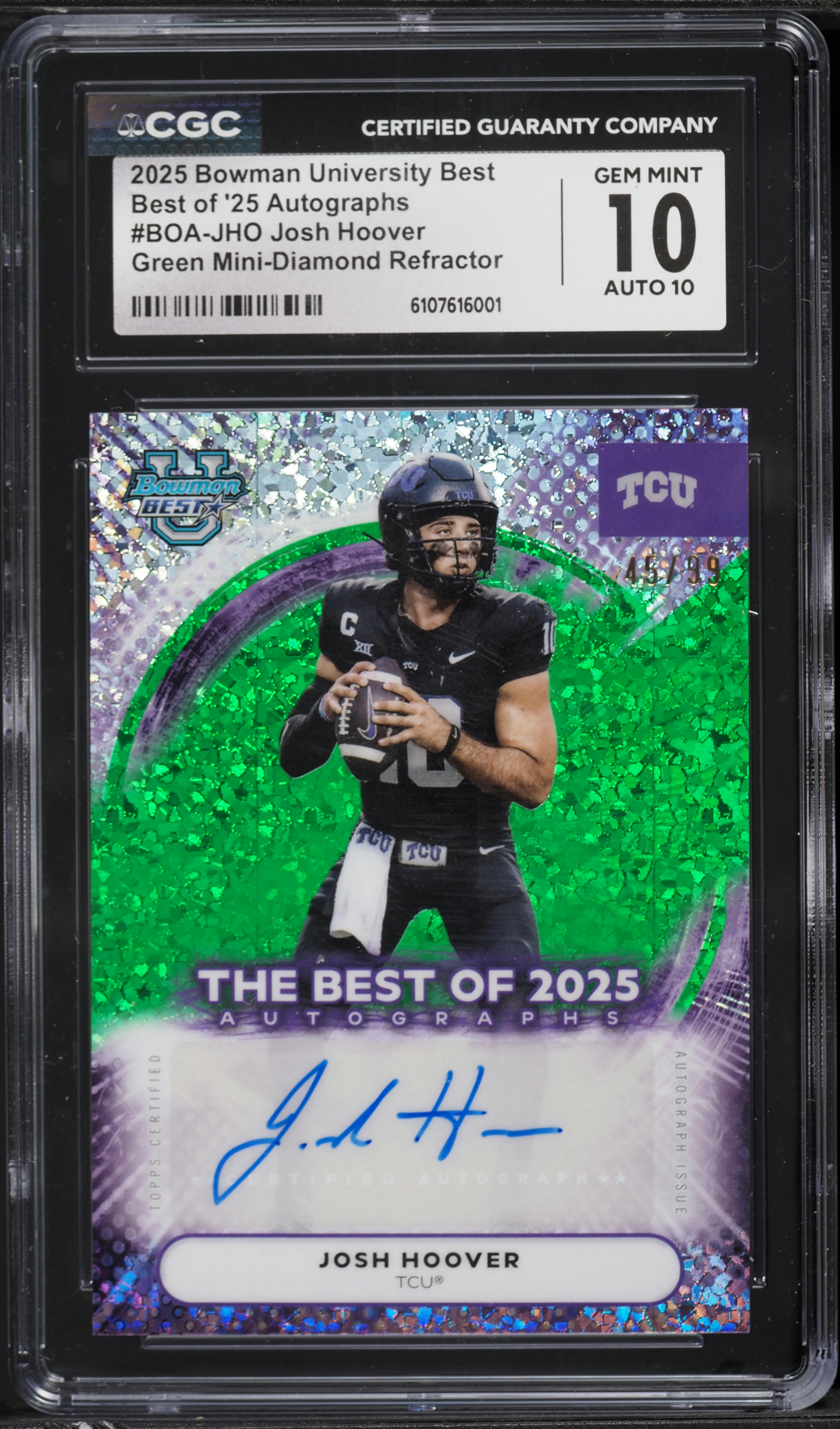 2025 Bowman Best University Football Green Mini-Diamond Refractor Josh Hoover #BOA-JHO CGC 10