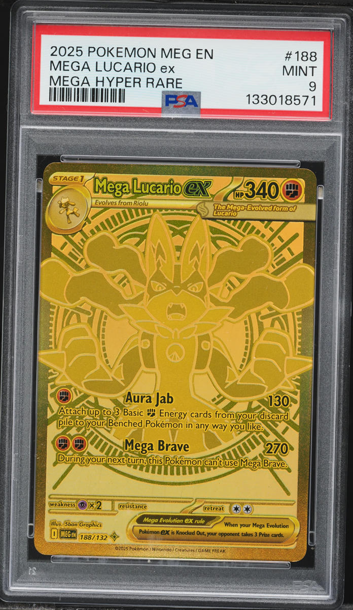 2025 Pokemon Mega Evolution Gold Rare Mega Lucario ex #188 PSA 9 MINT