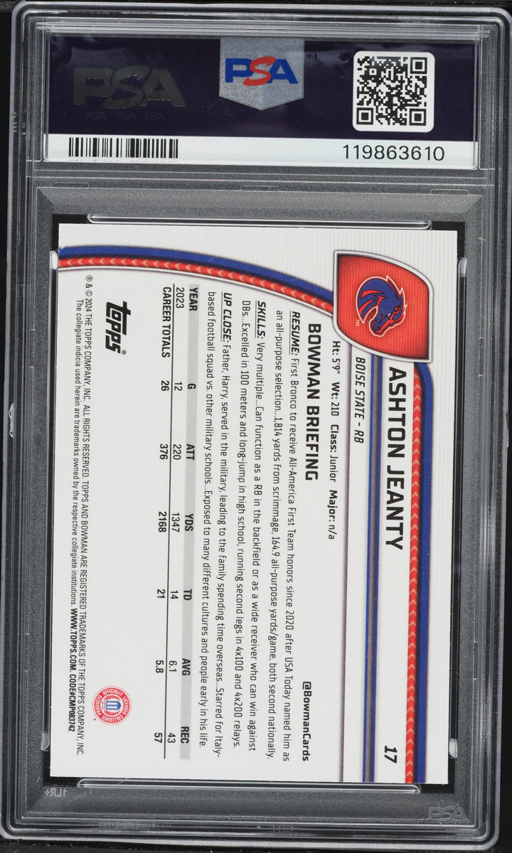 2024 Bowman University Chrome Sapphire Ashton Jeanty ROOKIE #17 PSA 9 MINT