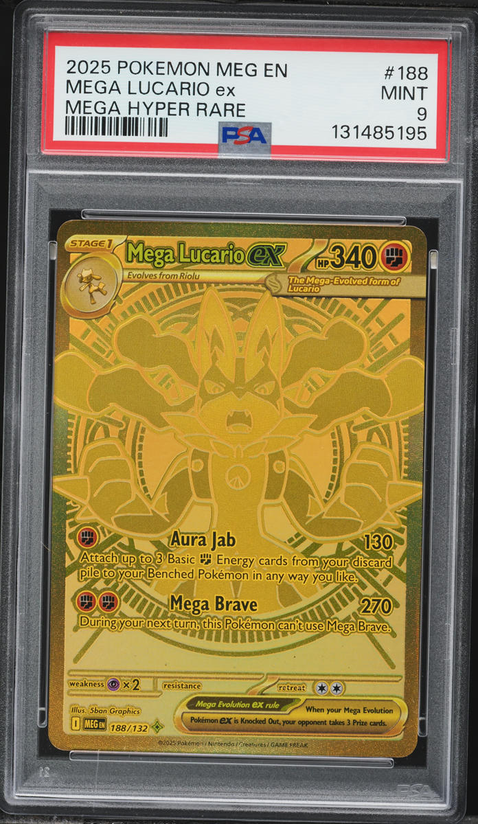 2025 Pokemon Mega Evolution Gold Rare Mega Lucario EX #188 PSA 9 MINT