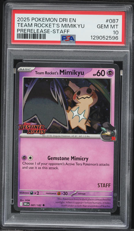 2025 Pokemon Scarlet & Violet Destined Rivals Prerelease Staff Team Rocket's Mimikyu #87 PSA 10