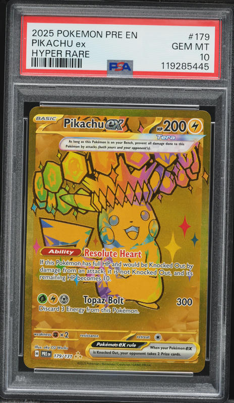 2025 Pokemon Scarlet & Violet Prismatic Evolutions Gold Rare Pikachu ex #179 PSA 10 GEM MINT