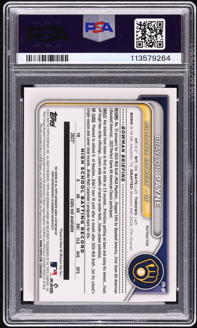 2024 Bowman Chrome Draft Refractor Braylon Payne PROSPECT AUTO /499 #CPA-BP PSA 9 MINT
