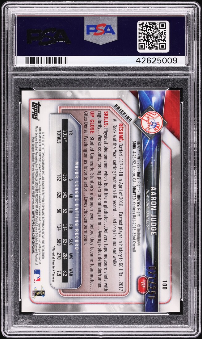 2018 Bowman Chrome Purple Refractor Aaron Judge /250 #100 PSA 10 GEM MINT