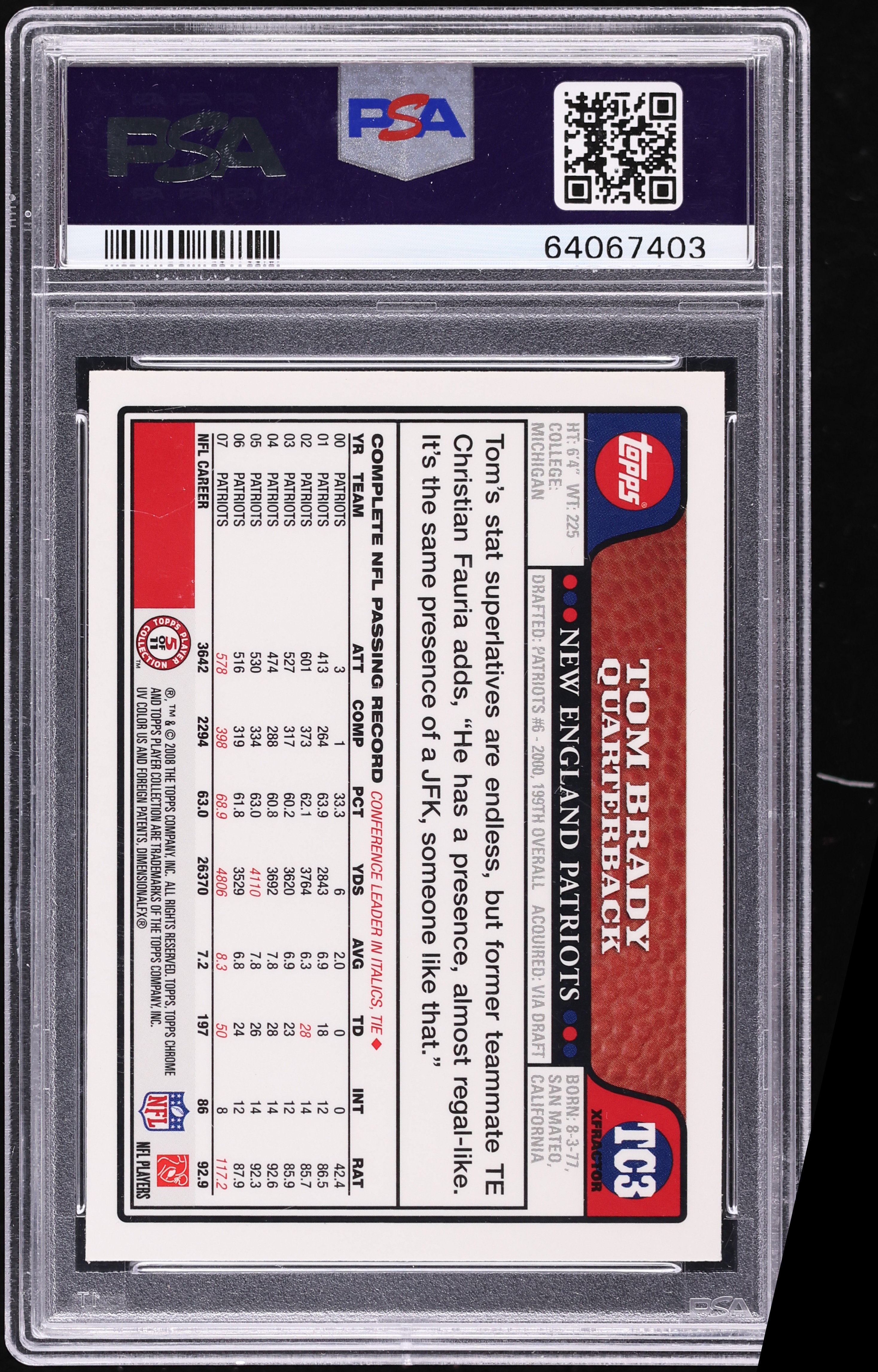 2008 Topps Chrome Xfractor Tom Brady #TC3 PSA 10 GEM MINT on