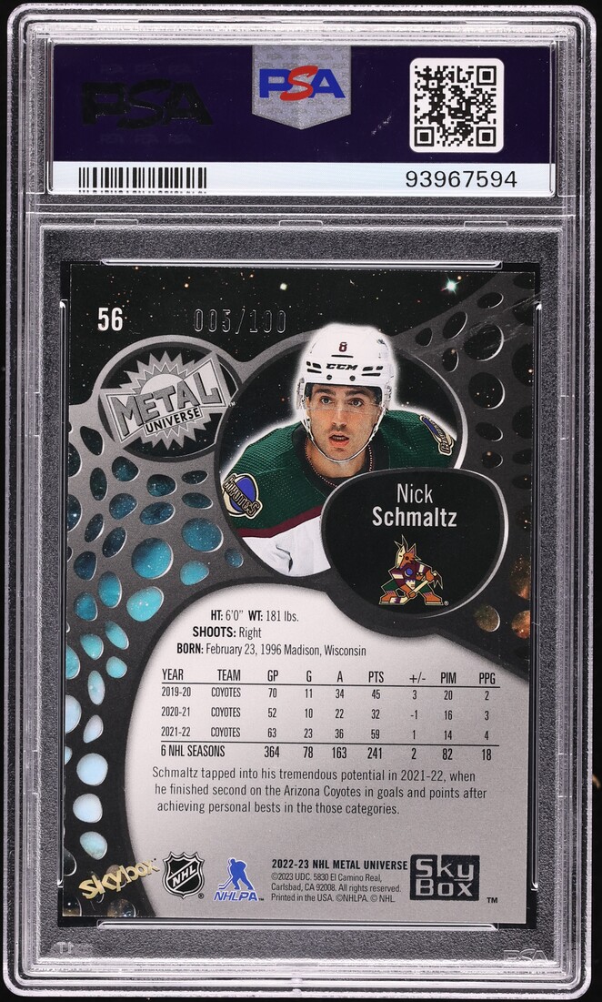 2022 Skybox Metal Universe Green Precious Metal Gems Nick Schmaltz /100 #56 PSA 10 GEM MINT