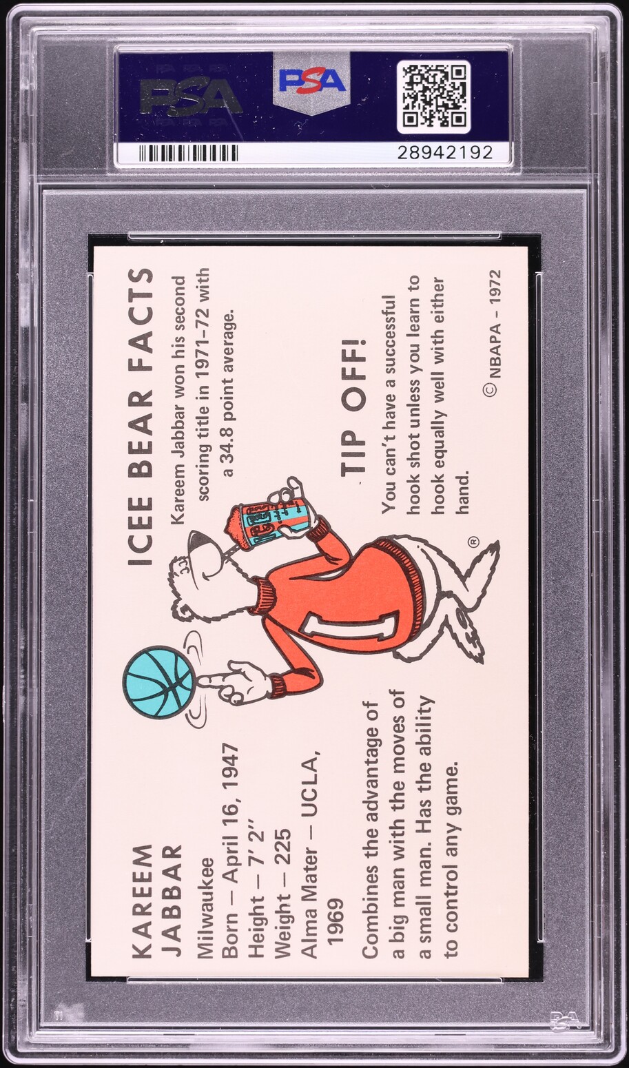 1972 Icee Bear Basketball Kareem Abdul-Jabbar PSA 8 NM-MT