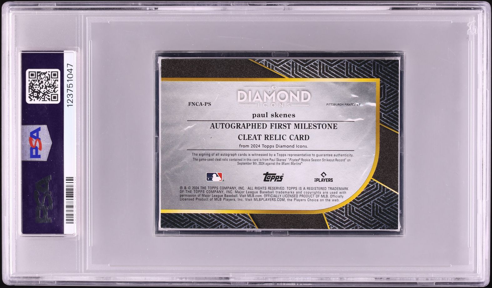 2024 Topps Diamond Icons First Milestone Cleat Paul Skenes ROOKIE PATCH AUTO /10 #FNCA-PS PSA 8