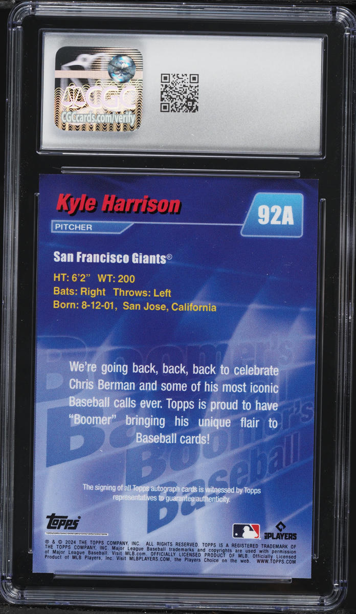 2024 Topps X Boomer's Baseball AUTO Green Kyle Harrison ROOKIE AUTO /75 #92A CGC 9 MINT