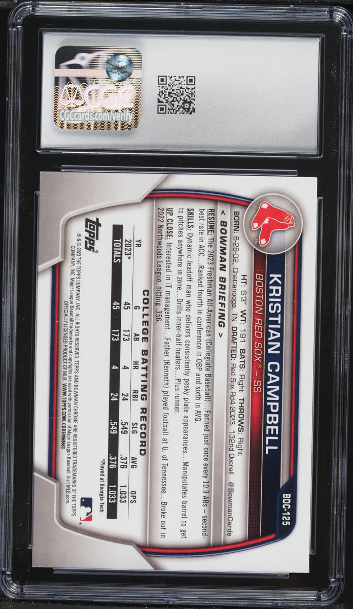 2023 Bowman Chrome Draft Purple Refractor Kristian Campbell PROSPECT /250 #BDC-125 CGC 8.5