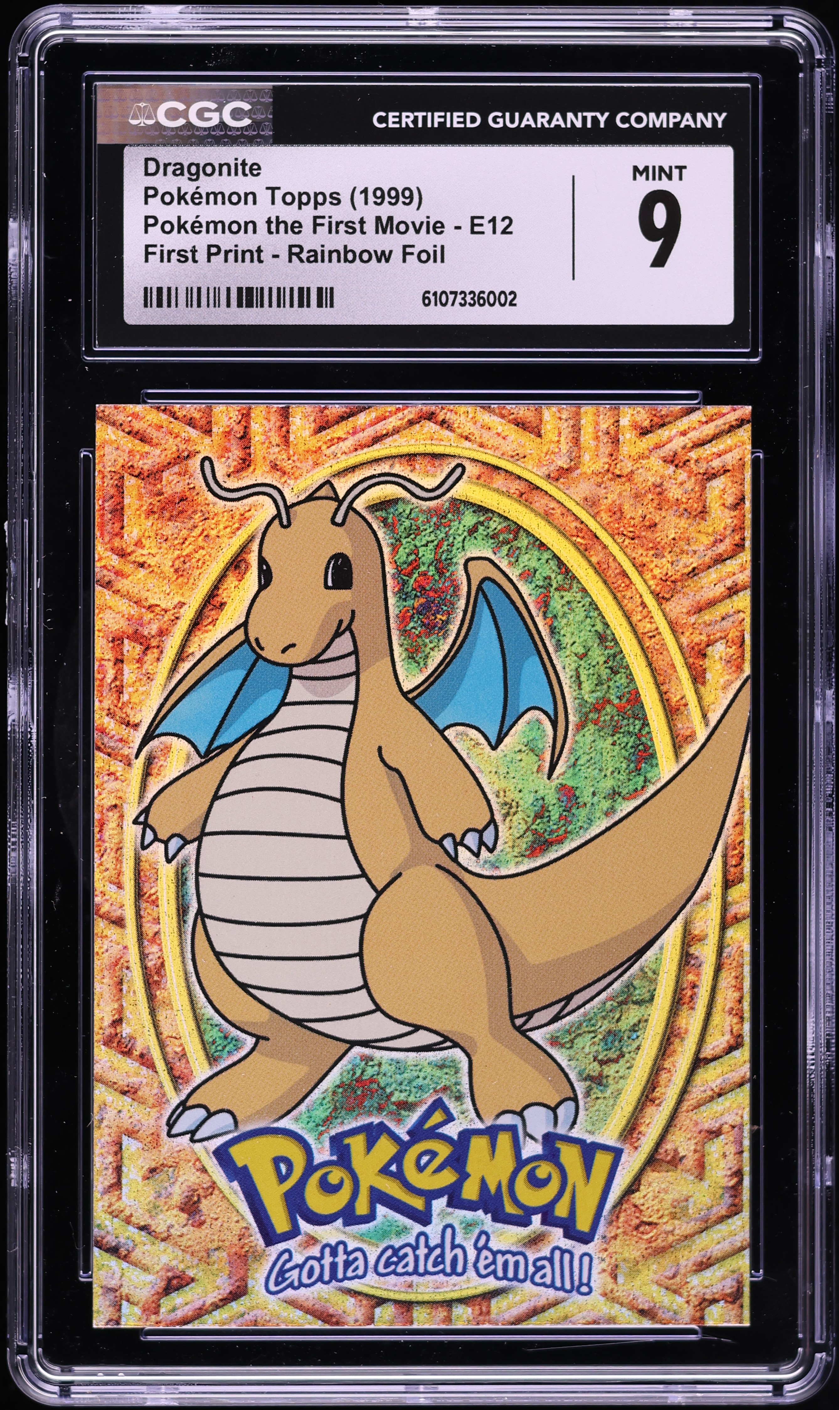 pokemon the movie dragonite card 1999 Pokemon Topps The First Movie First Print Rainbow Foil Dragonite #E12  CGC 9 MINT on Fanatics Collect