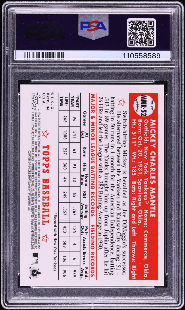 2008 Topps '52 Reprint Gold Refractor Mickey Mantle #MMR-52 PSA 9 MINT