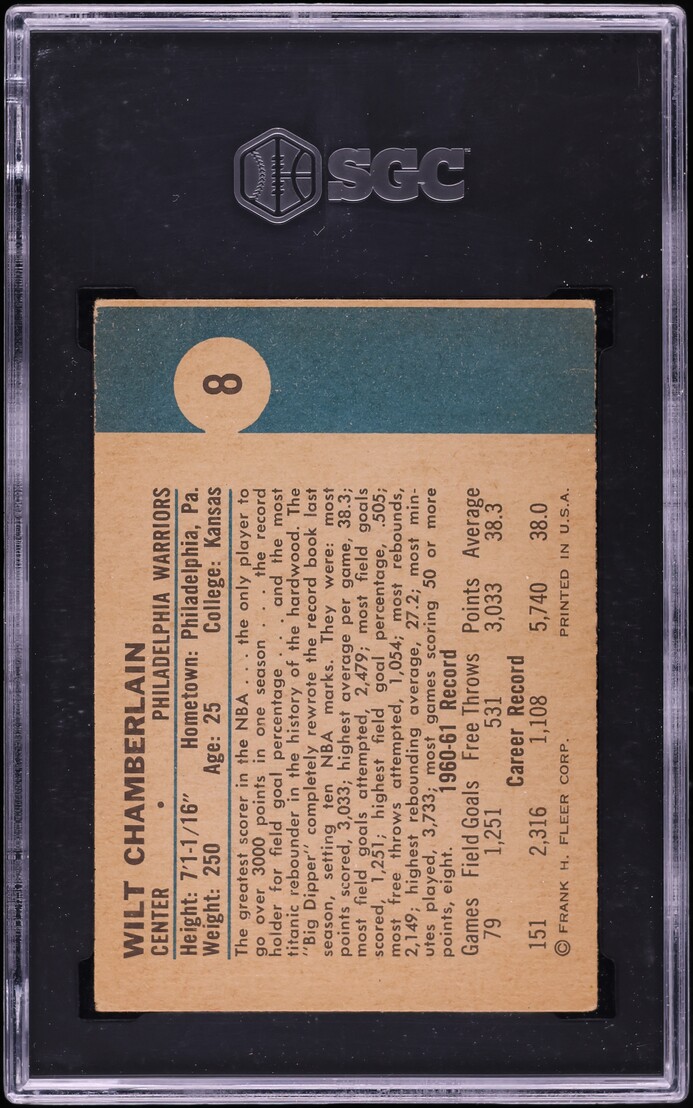 1961 Fleer Basketball Wilt Chamberlain ROOKIE #8 SGC 4.5 VGEX+