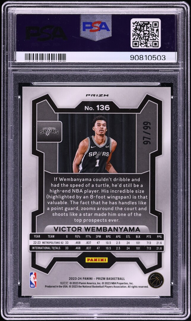 2023 Panini Prizm Purple Victor Wembanyama ROOKIE /99 #136 PSA 10 GEM MINT
