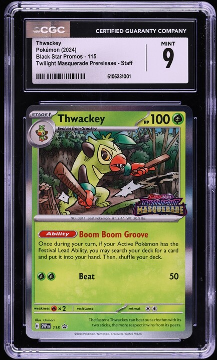 2024 Pokemon Scarlet & Violet Twilight Masquerade Prerelease Staff Thwackey #115 CGC 9 MINT