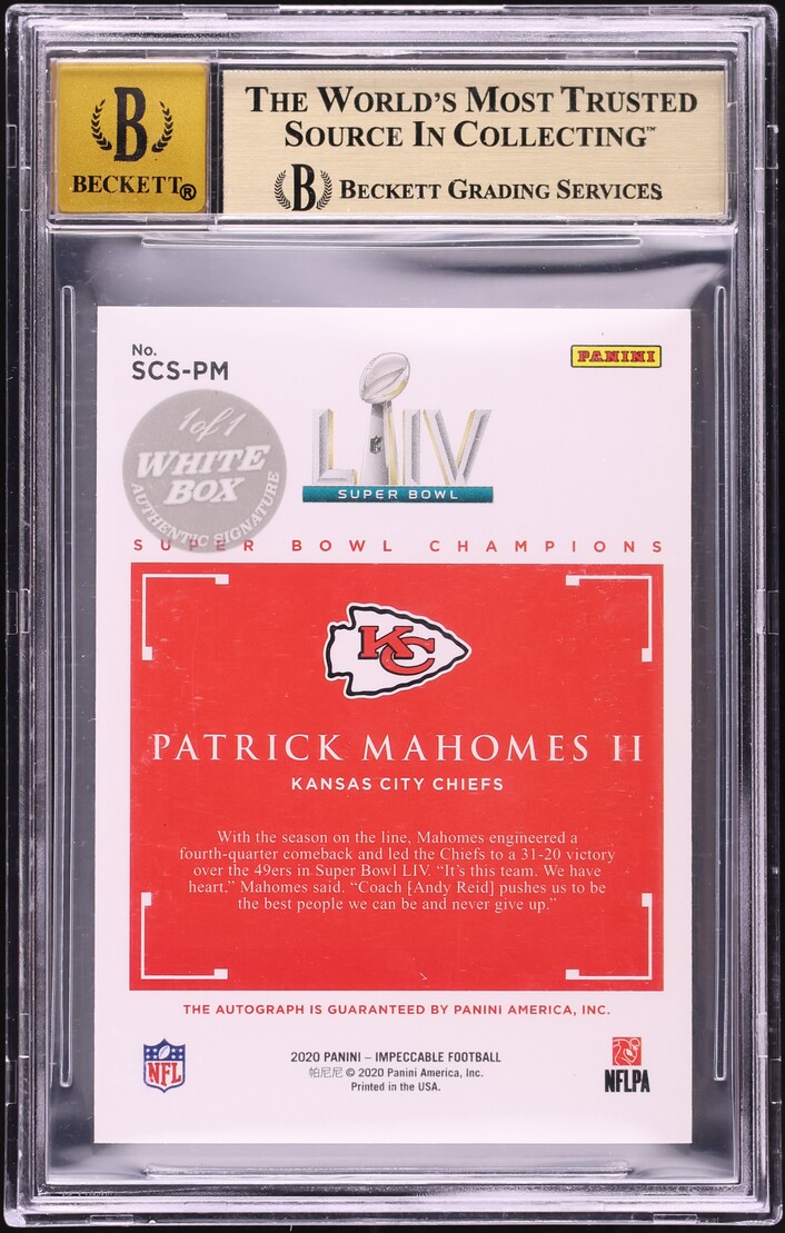 2020 Panini Impeccable White Box Patrick Mahomes II AUTO 1/1 #SCS-PM BGS 9.5 GEM MINT