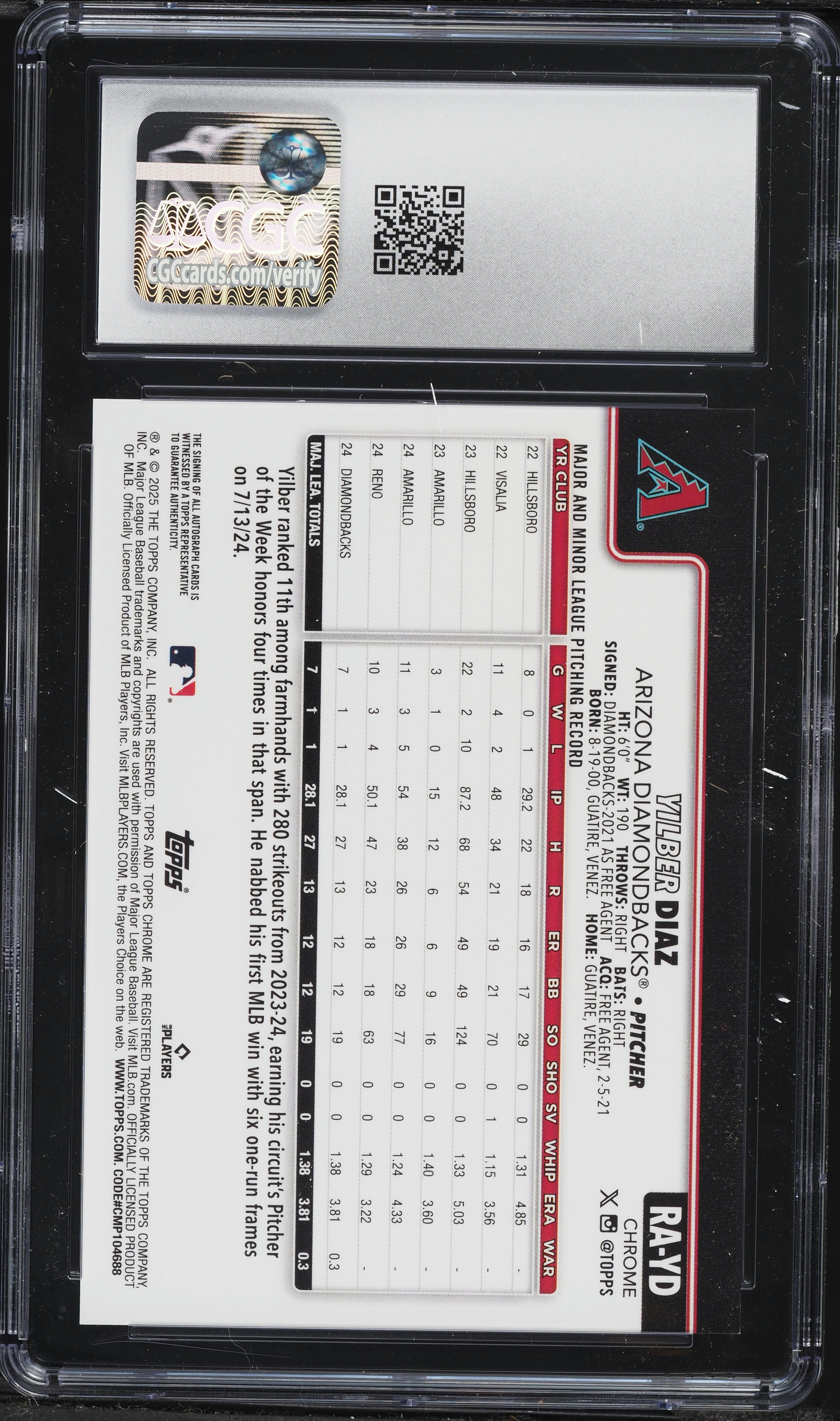 2025 Topps Chrome Yilber Diaz ROOKIE AUTO #RA-YD CGC 10 GEM MINT 