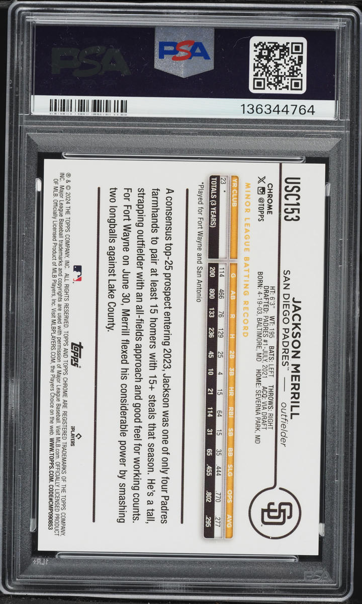 2024 Topps Chrome Update Green Speckle Jackson Merrill ROOKIE /99 #USC153 PSA 10 GEM MINT