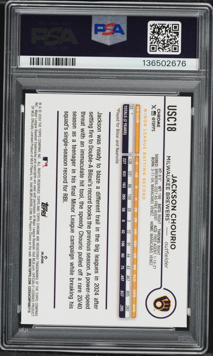 2024 Topps Chrome Update Magenta Refractor Jackson Chourio ROOKIE /399 PSA 9 MINT