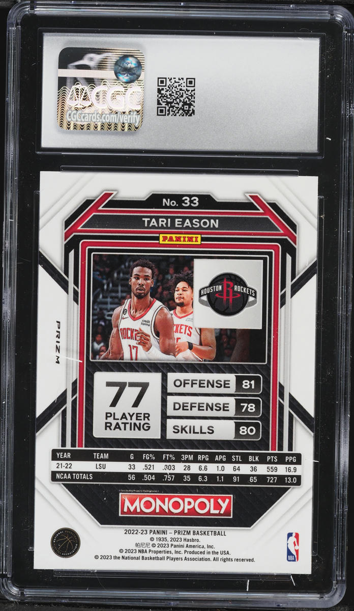 2022 Panini Prizm Monopoly Black Classic Icons Tari Eason ROOKIE #33 CGC 9.5 MINT+